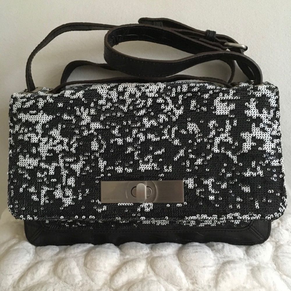 BCBGMaxAzria Vintage Brown Leather Sequin Mini Crossbody Shoulder Bag